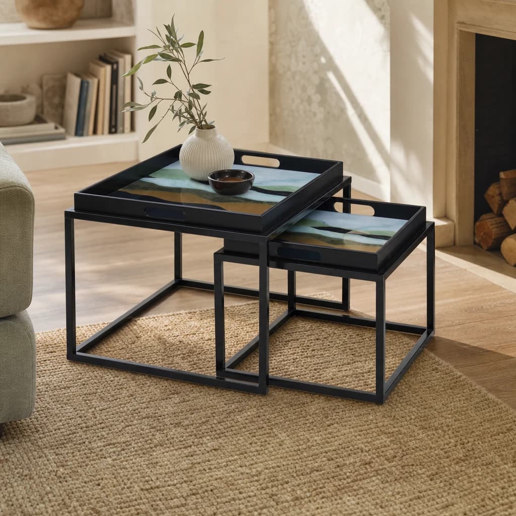 Celina Set Of 2 Abstract Paint Design Nesting Tray Tables - Tables, photo 1 of 8