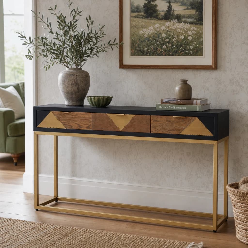 Siena Black and Natural Oak Wood Console Table with Drawers - Tables, photo 1 of 8