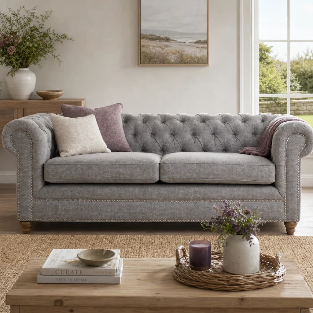 Stella Grey Linen 3 Seater Chesterfield Sofa - Seating, photo 1 of 8