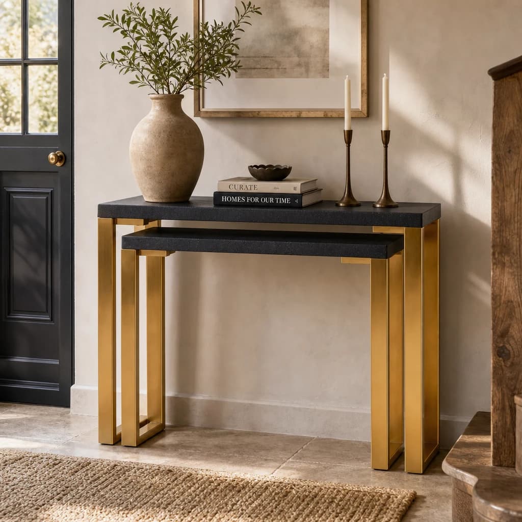 Cardoba Set of Two Black Shagreen Effect Console Tables - Tables, photo 1 of 8