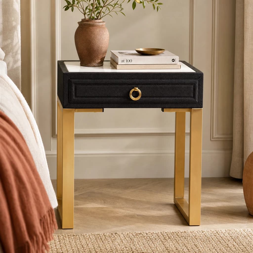Cardoba 1 Drawer Black Shagreen Effect Side Table - Tables, photo 1 of 8