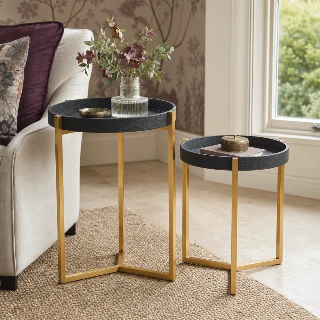 Cardoba Set Of Two Gold and Black Shagreen Effect Tray Side Tables - Tables, photo 1 of 6