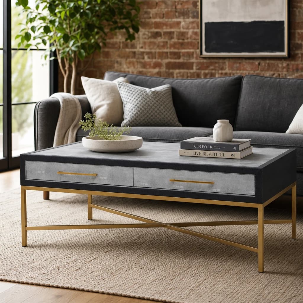 Cadiz Grey Shagreen Effect Coffee Table with 2 Drawers - Tables, photo 1 of 8
