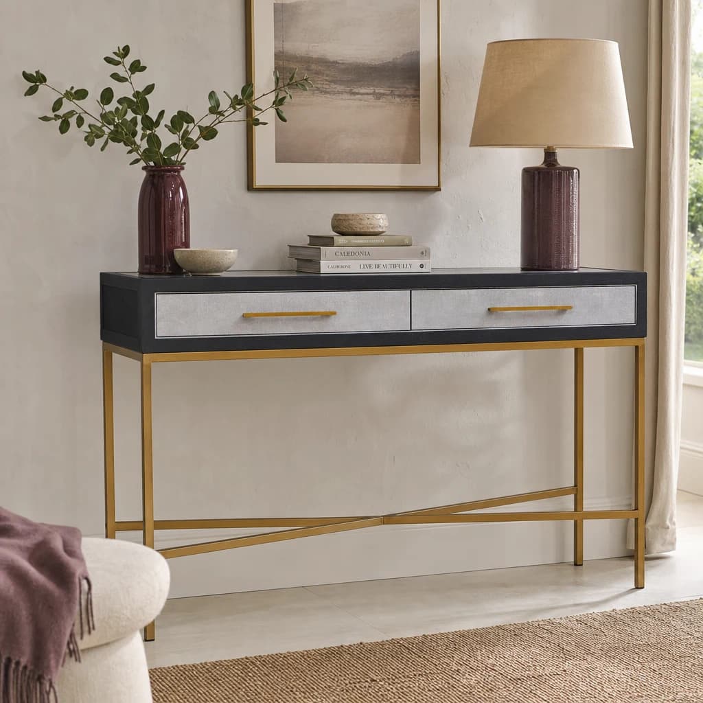 Cadiz Grey Shagreen Effect Console Table with 2 Drawers - Tables, photo 1 of 2
