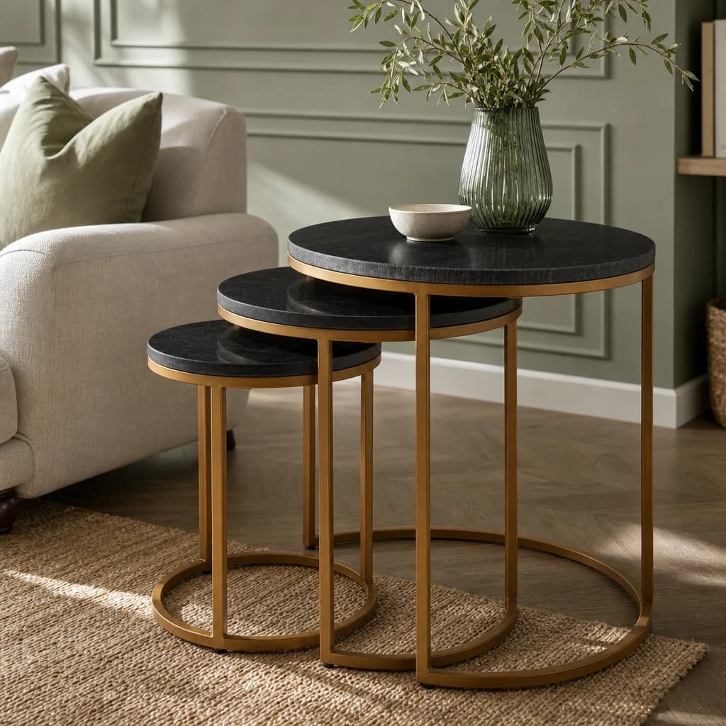 Varana Nest Of Three Black Marble Top Tables - Tables, photo 1 of 8