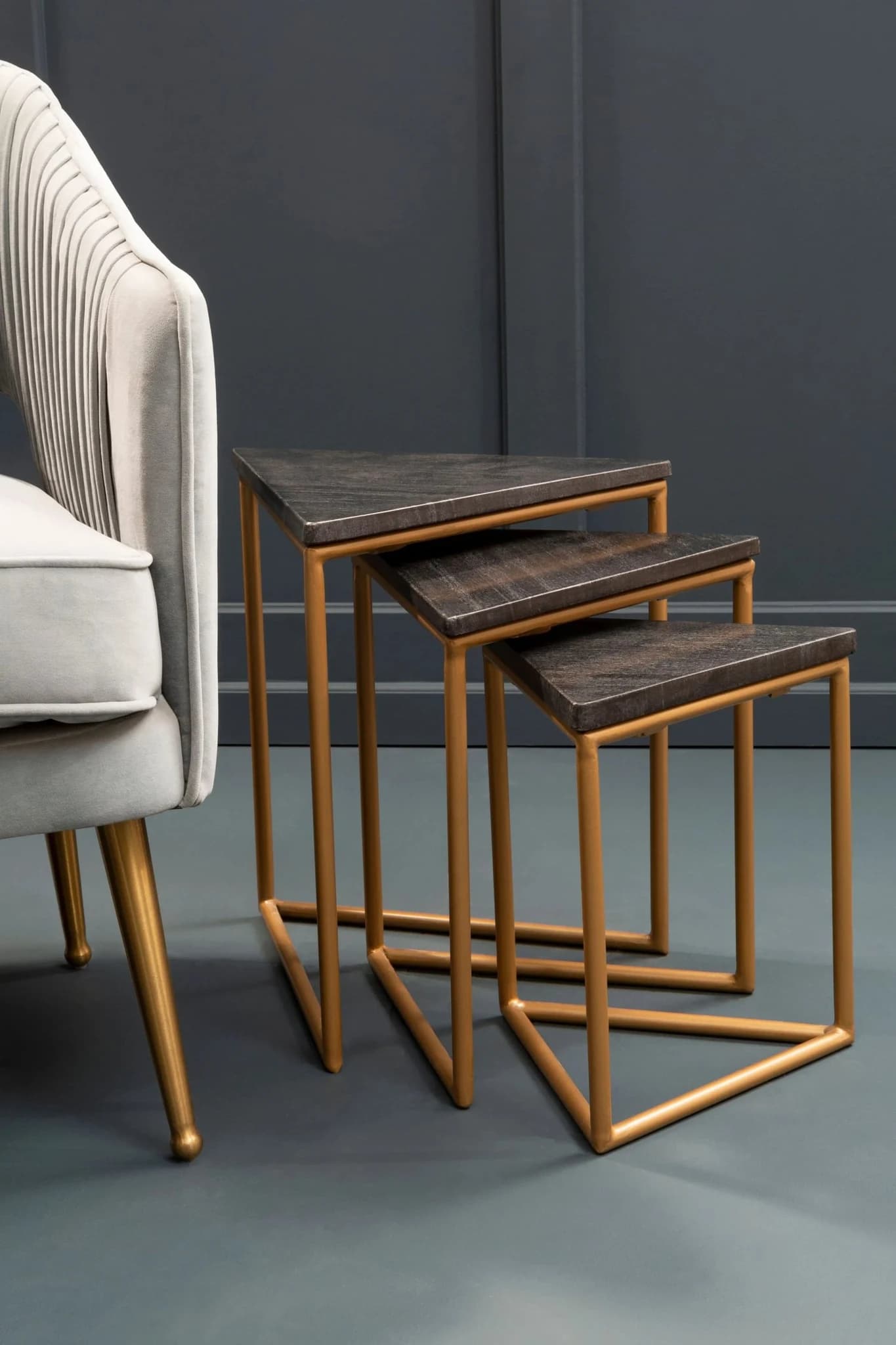 Varana Black Marble Top Nest Of Three Triangular Tables - Tables, photo 4 of 8