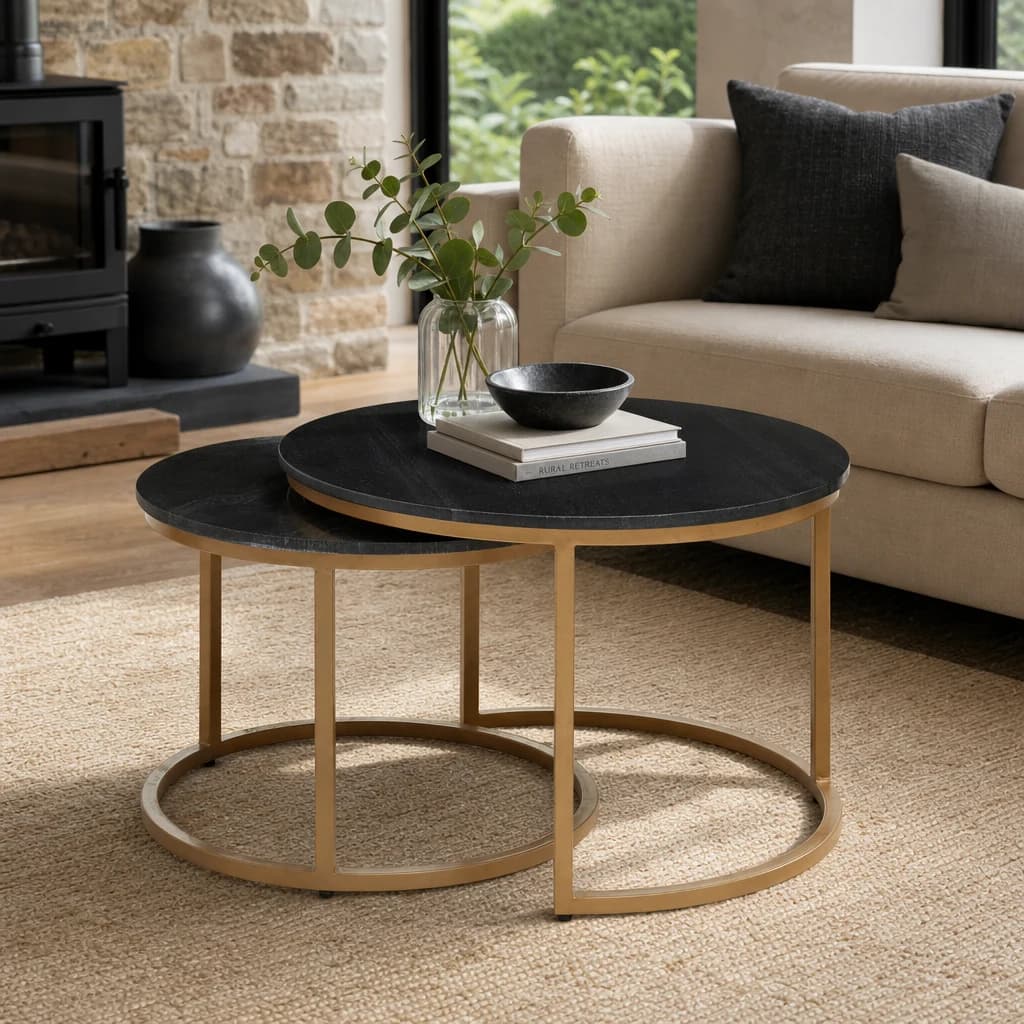 Varana Nest Of Two Black Marble Top Round Coffee Tables - Tables, photo 1 of 8
