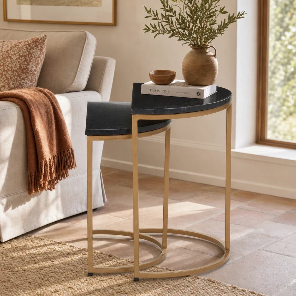 Varana Nest Of Two Half Moon Black Marble Top Tables - Tables, photo 1 of 8