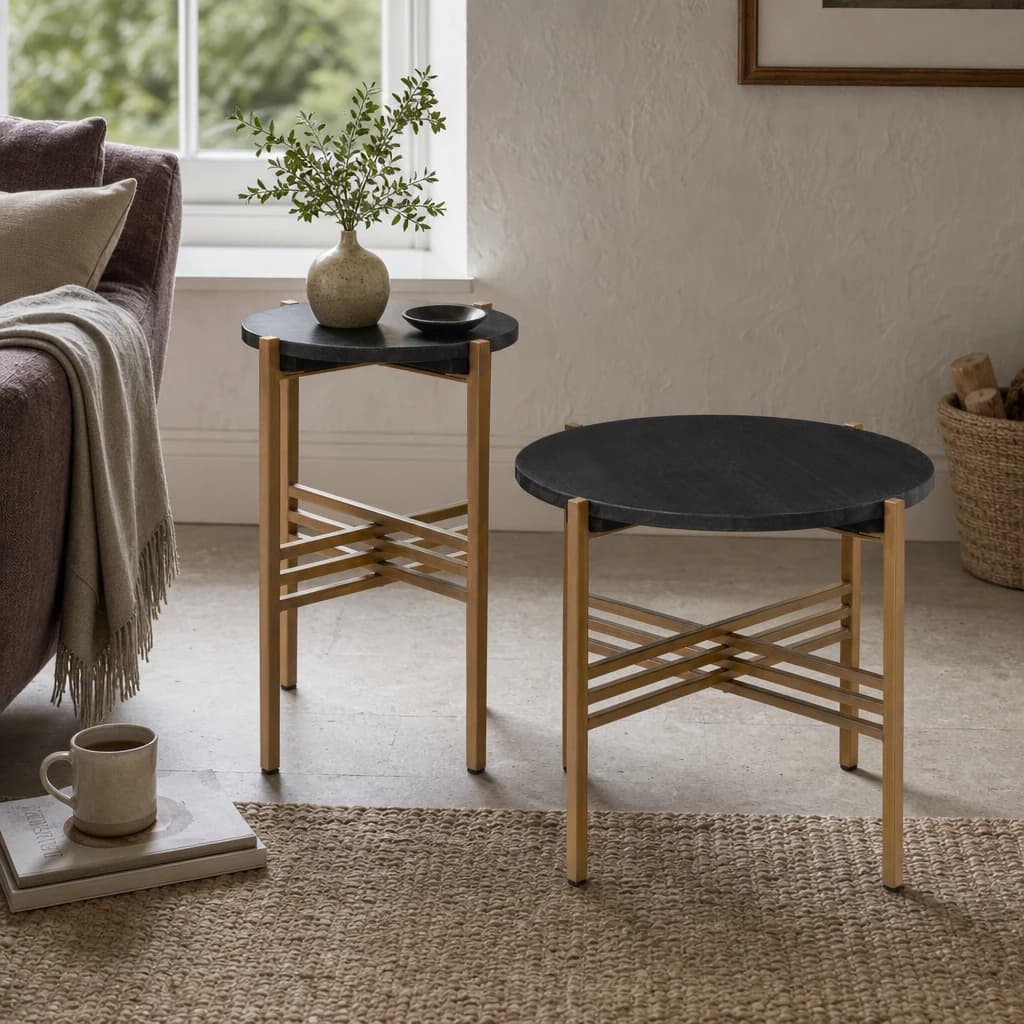 Varana Set of 2 Black Marble Top Round Side Table - Tables, photo 1 of 8