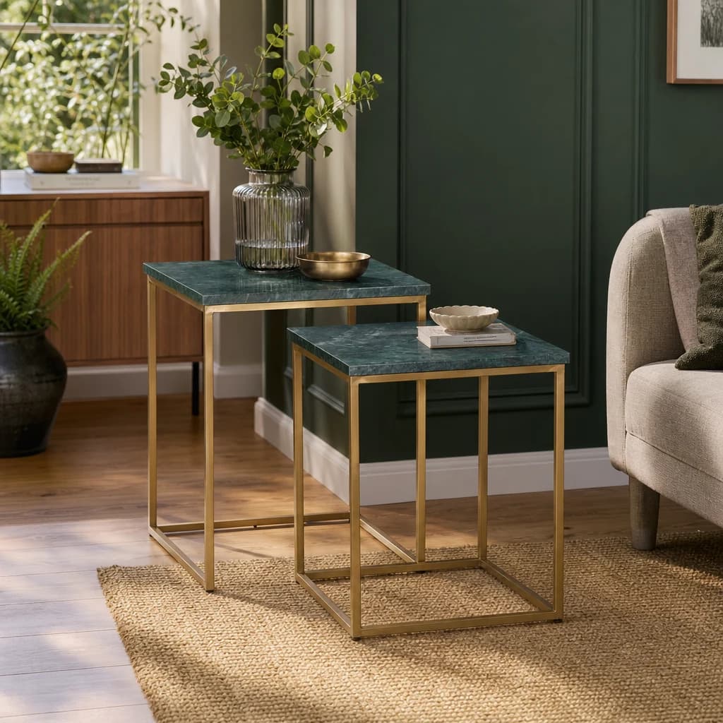 Mandoli Green Marble and Gold Finish Set of 2 Nesting Tables - Tables, photo 1 of 8