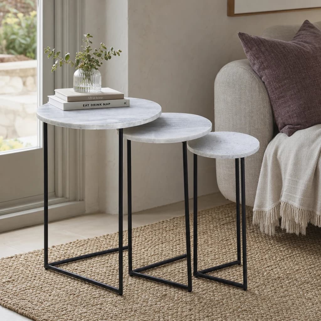 Mandoli Nest Of 3 White Marble Side Tables - Tables, photo 1 of 8