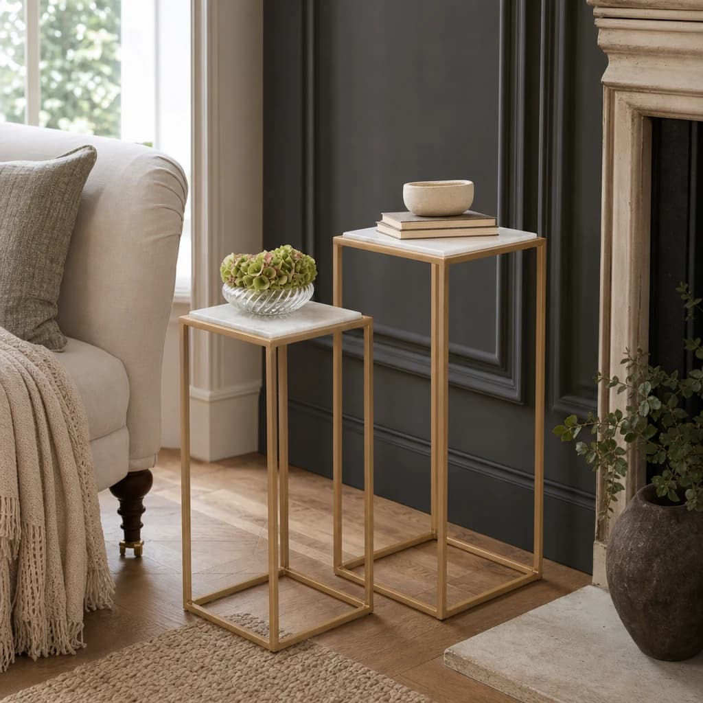 Mandoli White Marble and Gold Set of Tall Side Tables - Tables, photo 1 of 8