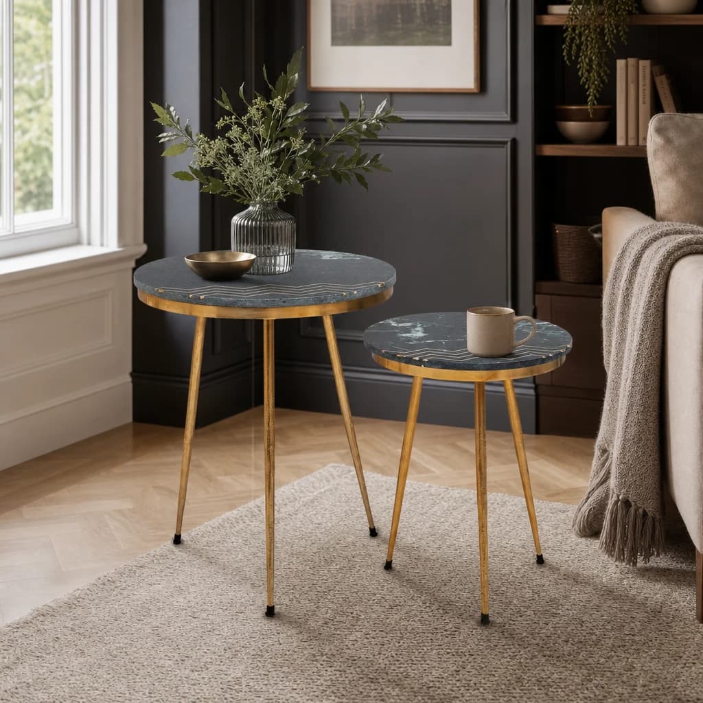 Nirav Green Marble and Gold Finish Set of 2 Side Tables - Tables, photo 1 of 8