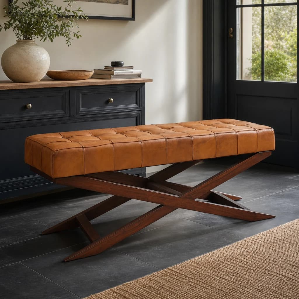 Inca Brown Leather Bench with Cedarwood Base - Seating, photo 1 of 8