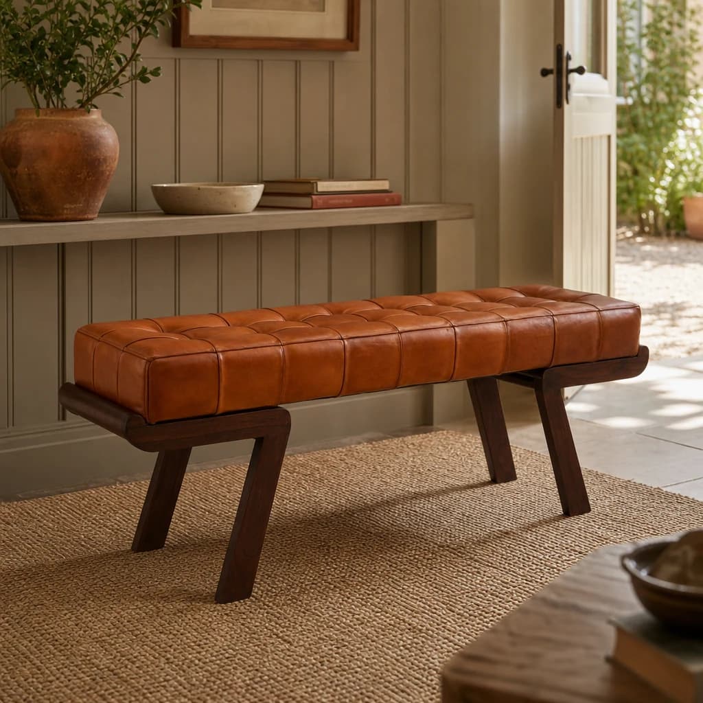 Inca Brown Leather Bench with Cedar Wood Angular Base - Seating, photo 1 of 8