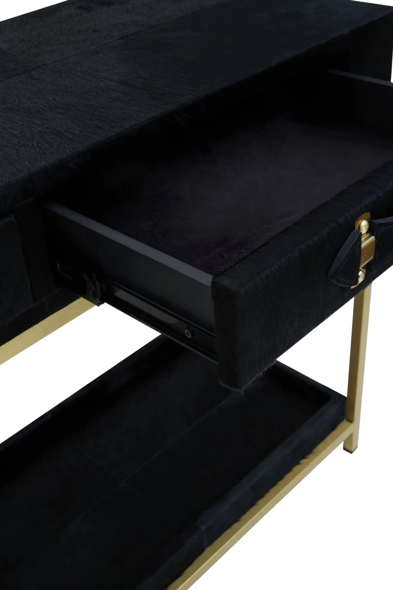 Kensington Townhouse Gold and Black Hair on Leather Two Drawer Console Table - Tables, photo 7 of 8