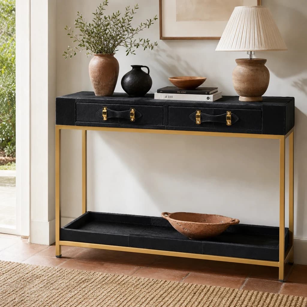 Kensington Townhouse Gold and Black Hair on Leather Two Drawer Console Table - Tables, photo 1 of 8