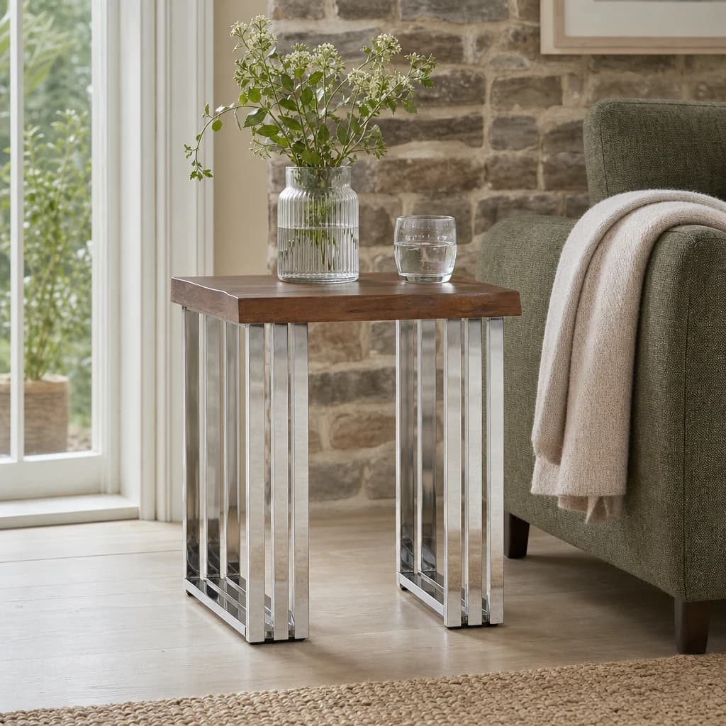 Hampstead Acacia Wood Side Table with Silver Legs - Tables, photo 1 of 7