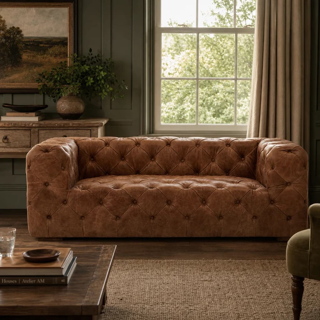 Hoxton Three Seat Brown Leather Modern Chesterfield Sofa - Seating, photo 1 of 8