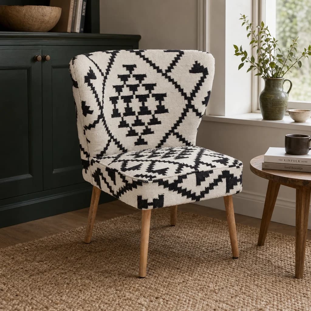 Cefena White and Black Berber Style Mango Wood Chair - Seating, photo 1 of 8