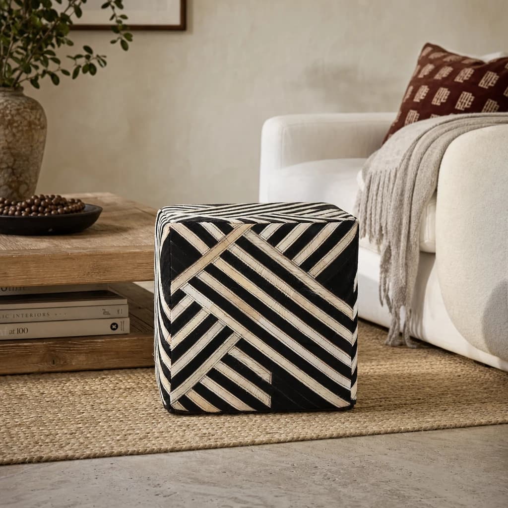 Bosie Safira Black And White Stripe Hair on Leather Pouffe - Decorative, photo 1 of 7