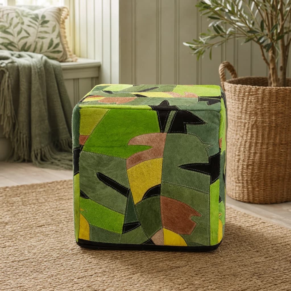 Safira Botanical Leather Pouffe - Decorative, photo 1 of 7