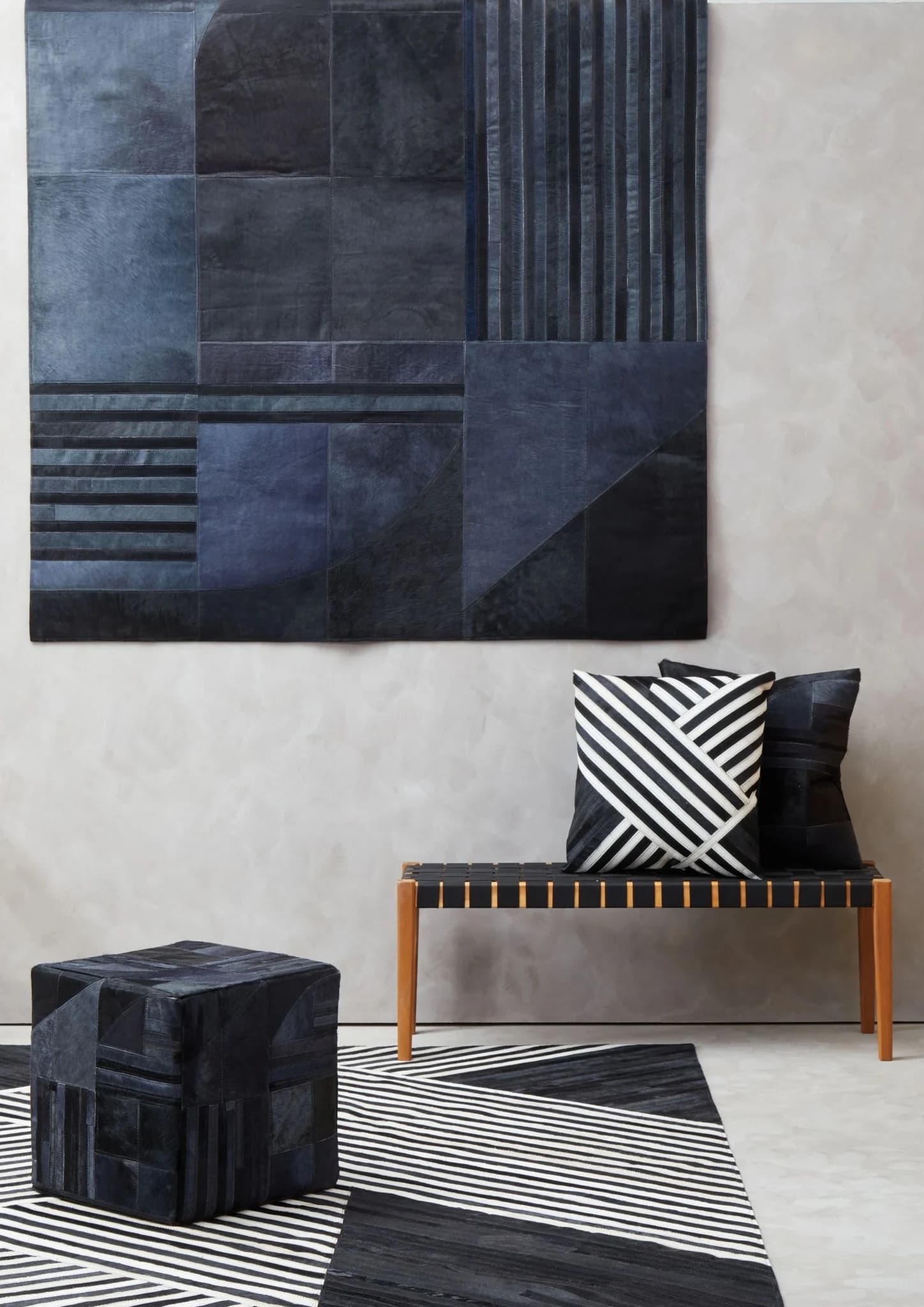 Bosie Safira Black And Grey Deco Hair on Leather Pouffe - Decorative, photo 2 of 6