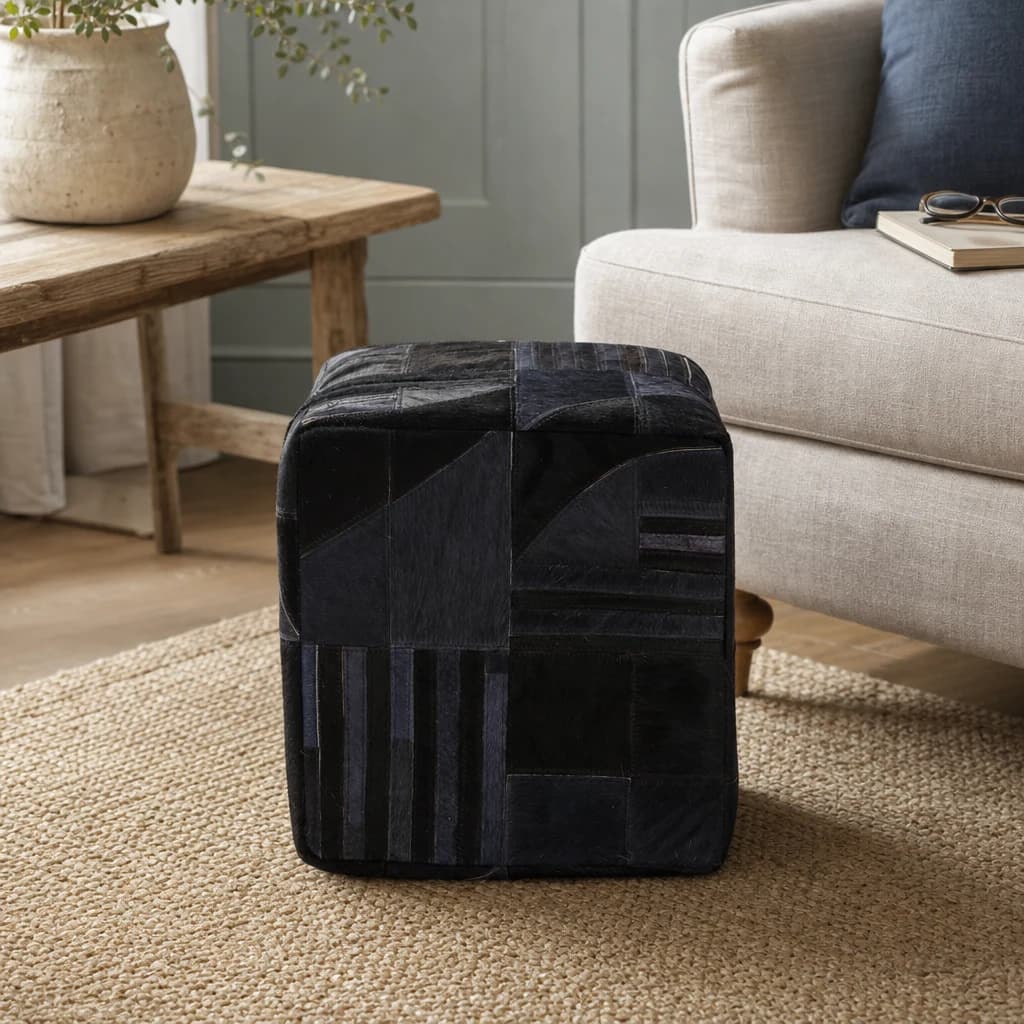 Bosie Safira Black And Grey Deco Hair on Leather Pouffe - Decorative, photo 1 of 6