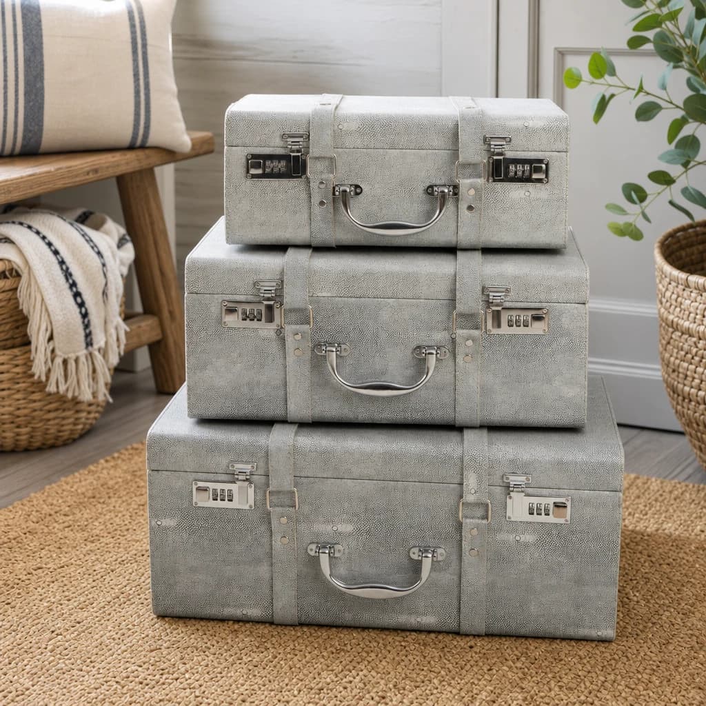 Cardona Set Of Three Grey Shagreen Effect Storage Trunks - Bookcases & shelving, photo 1 of 8