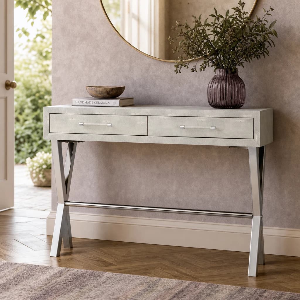 Cardona Two Drawer Grey Shagreen Effect Console Table - Tables, photo 1 of 8