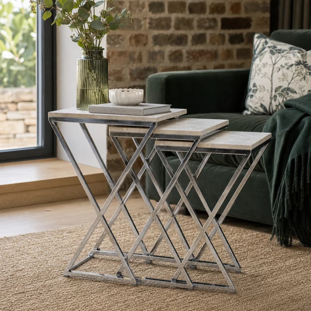 Cardona Grey Shagreen Effect Nest of Three Tables - Tables, photo 1 of 8