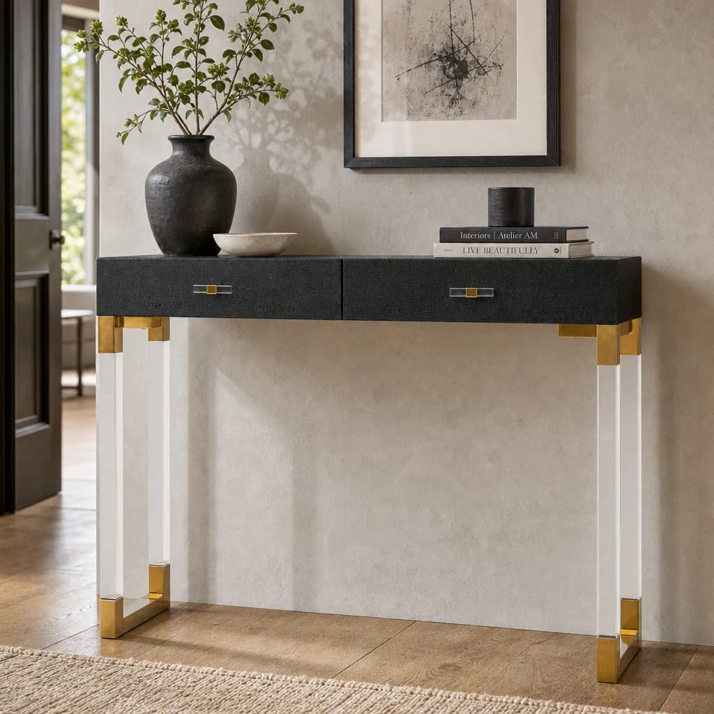 Cardona Black Shagreen Effect 2 Drawer Console Table - Tables, photo 1 of 8