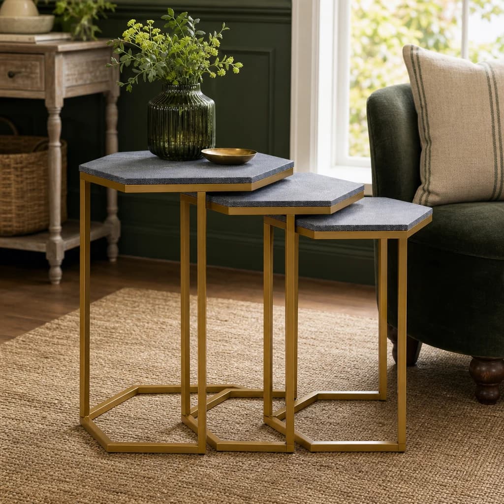 Cardona Nest of Three Hexagonal Blue Shagreen Effect Tables - Tables, photo 1 of 8