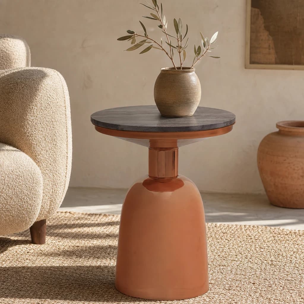 Amira Black Marble Top Copper Base Side Table. - Tables, photo 1 of 6