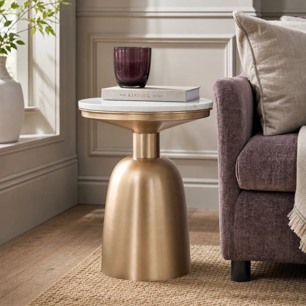 Amira White Marble Top Gold Base Side Table. - Tables, photo 1 of 5
