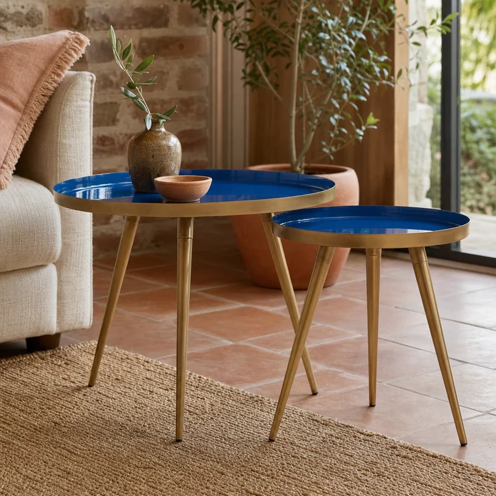 Amira Blue Enamel Set of 2 Side Tables - Tables, photo 1 of 7