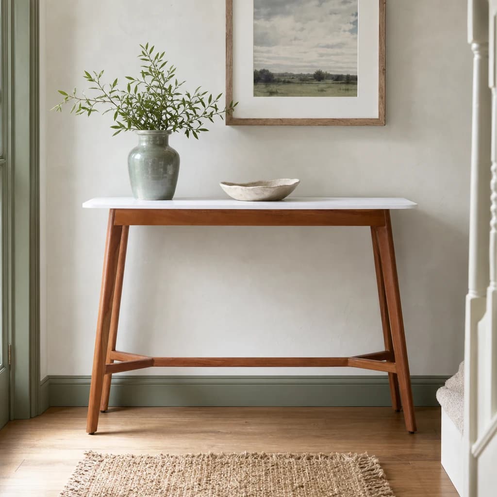 Myan Acacia Wood and White Marble Console Table - Tables, photo 1 of 8