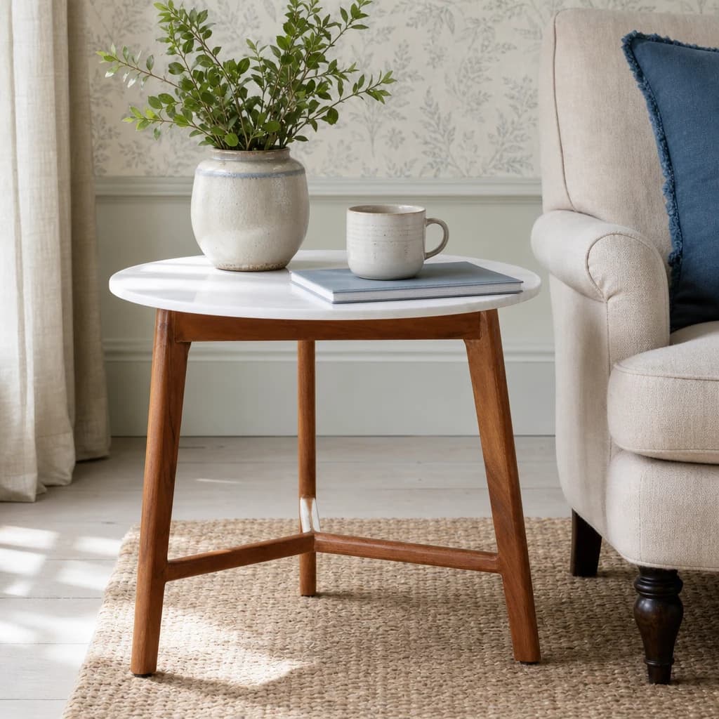 Myan Acacia Wood and White Marble Round Side Table - Tables, photo 1 of 8