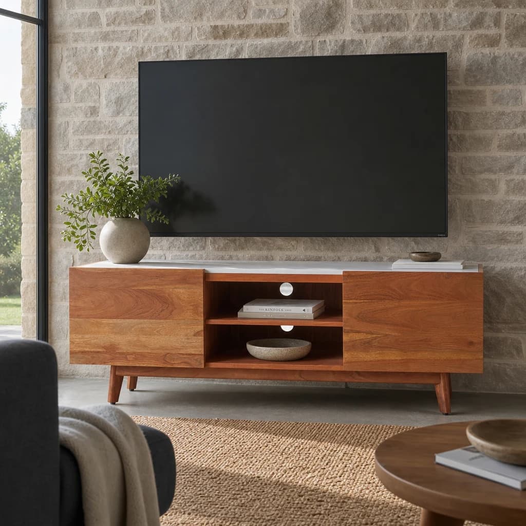 Myan Acacia Wood and White Marble Media Unit - Bookcases & shelving, photo 1 of 8