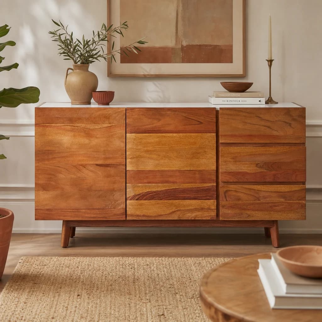Myan Acacia Wood and White Marble Sideboard - Bookcases & shelving, photo 1 of 8