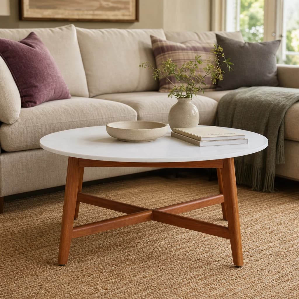 Myan Acacia Wood and White Marble Coffee Table - Tables, photo 1 of 8