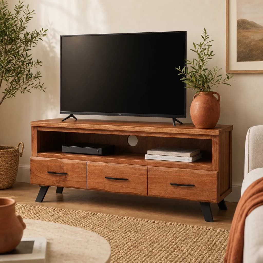 Nashik Three Drawer Acacia Media Unit - Bookcases & shelving, photo 1 of 8