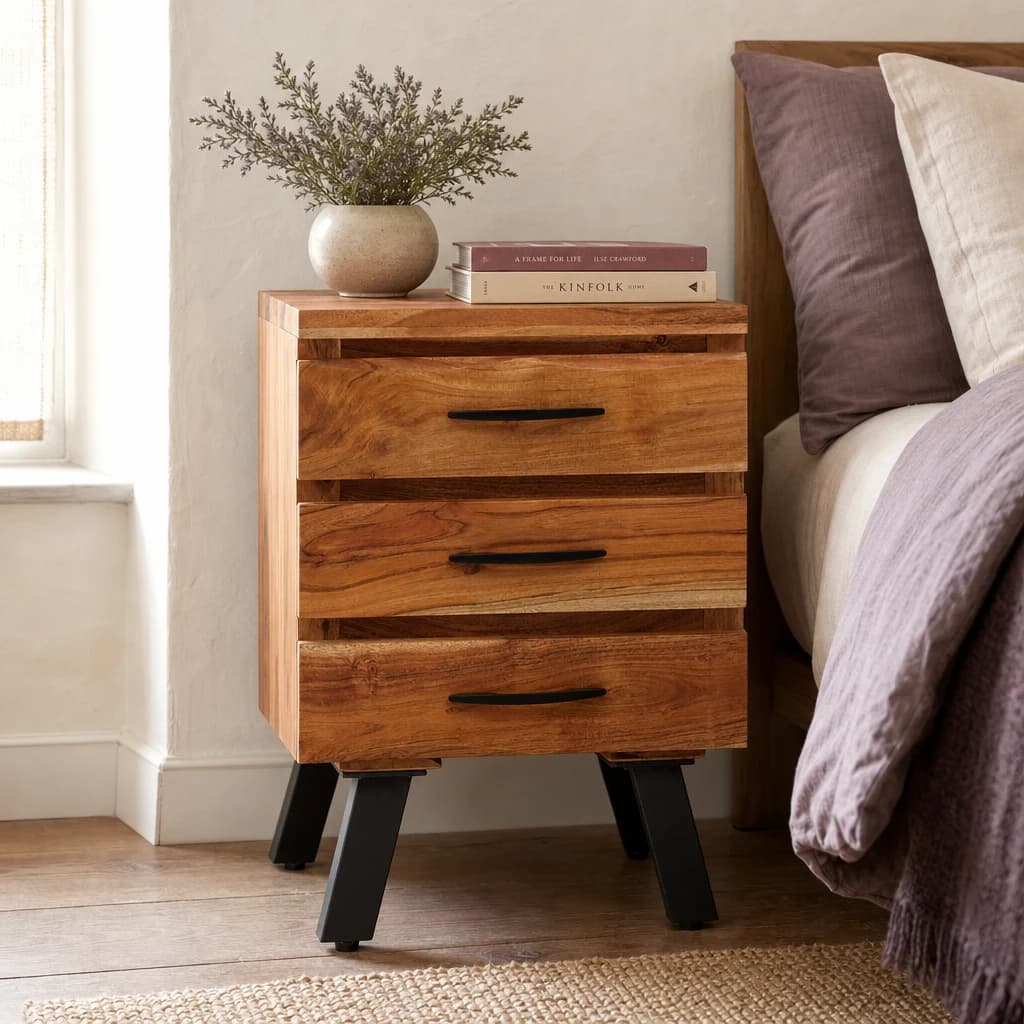 Nashik Three Drawer Acacia Side Table - Tables, photo 1 of 8