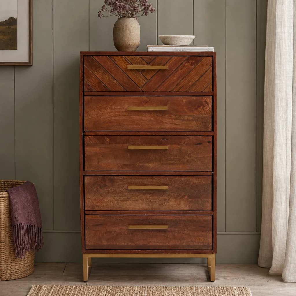 Gaya Mango Wood Chest of 5 Drawers - Furniture, photo 1 of 8