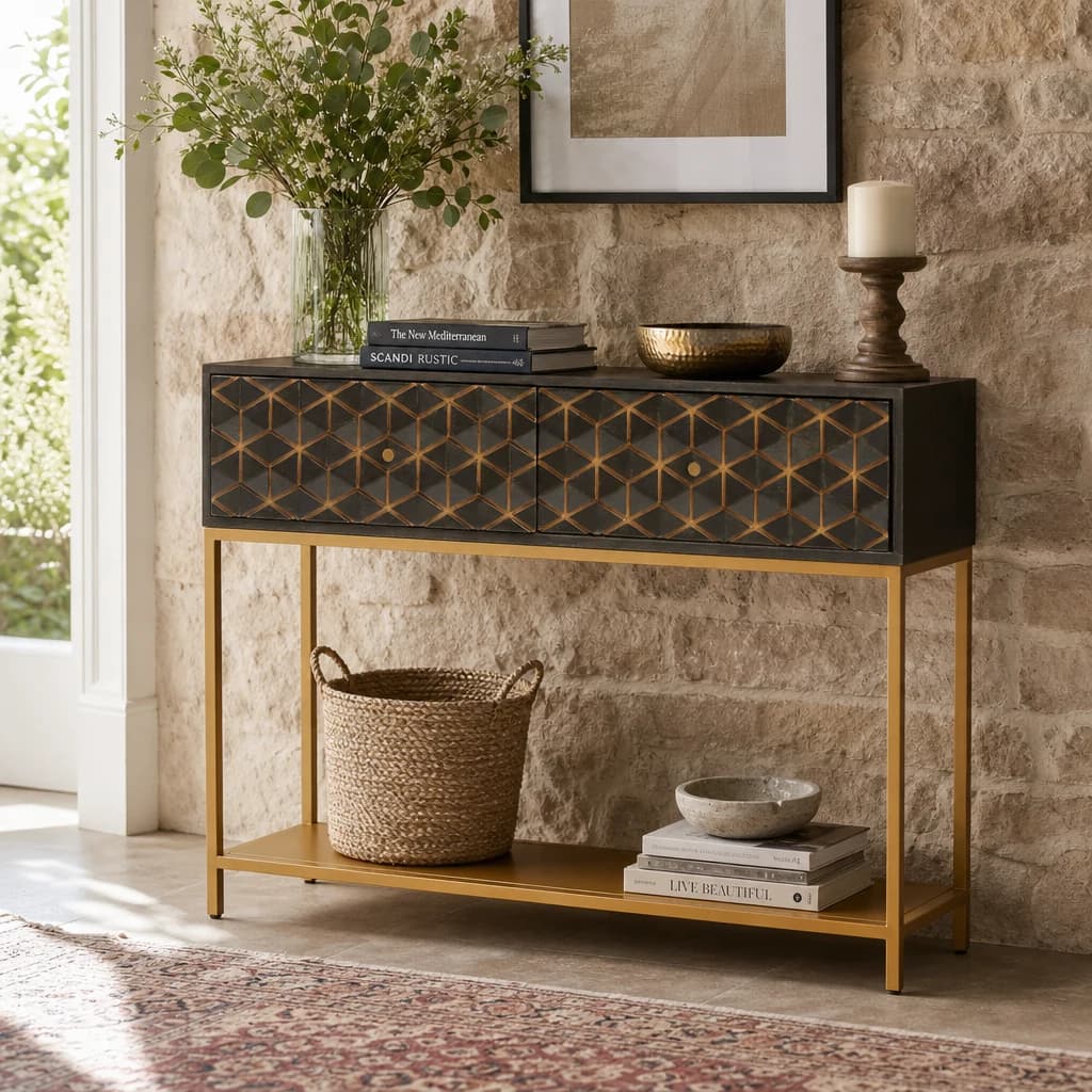 Patna Grey Finish Mango Wood Console Table with Drawers - Tables, photo 1 of 8