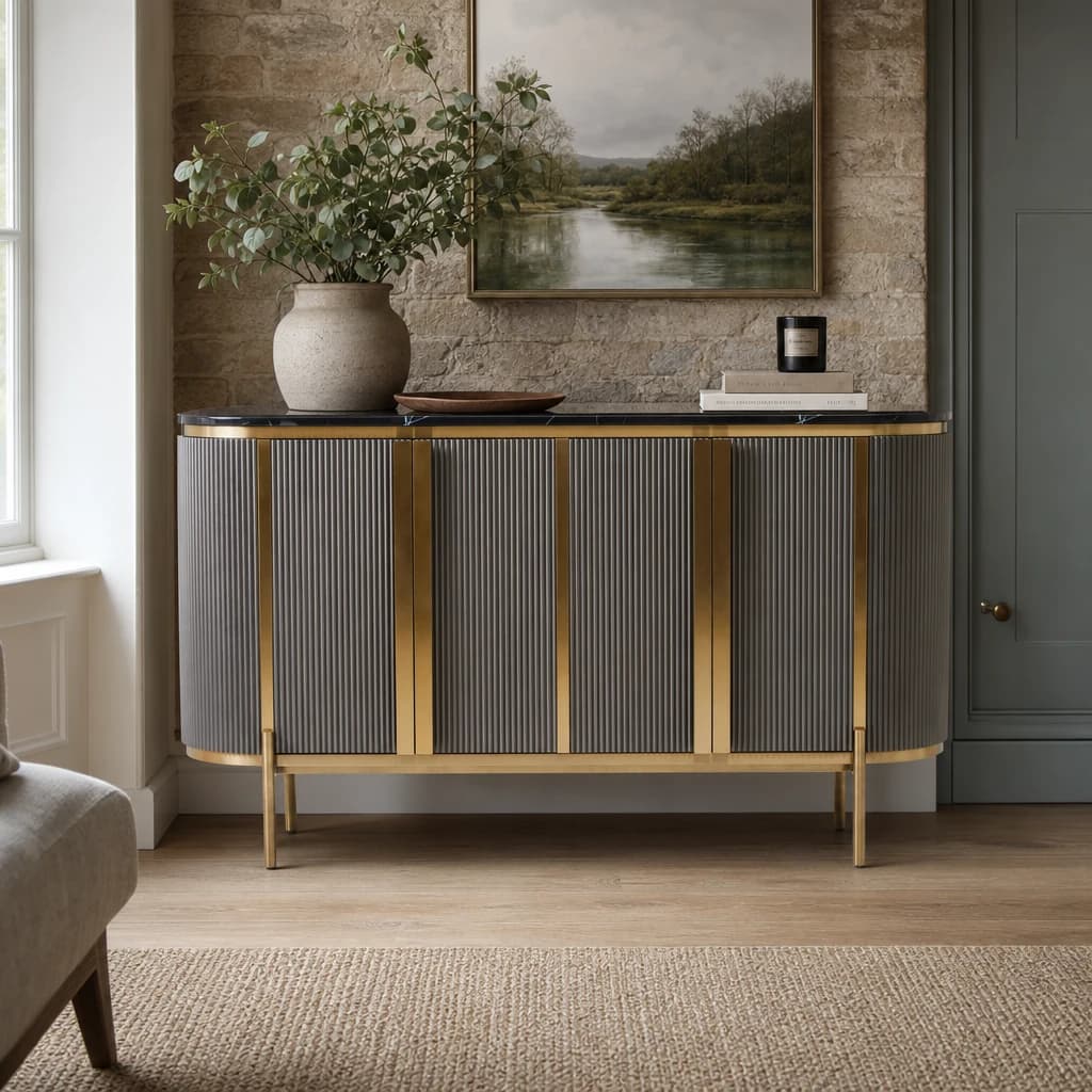 Dervio Grey Four Door Sideboard with Black Marble Top - Bookcases & shelving, photo 1 of 8