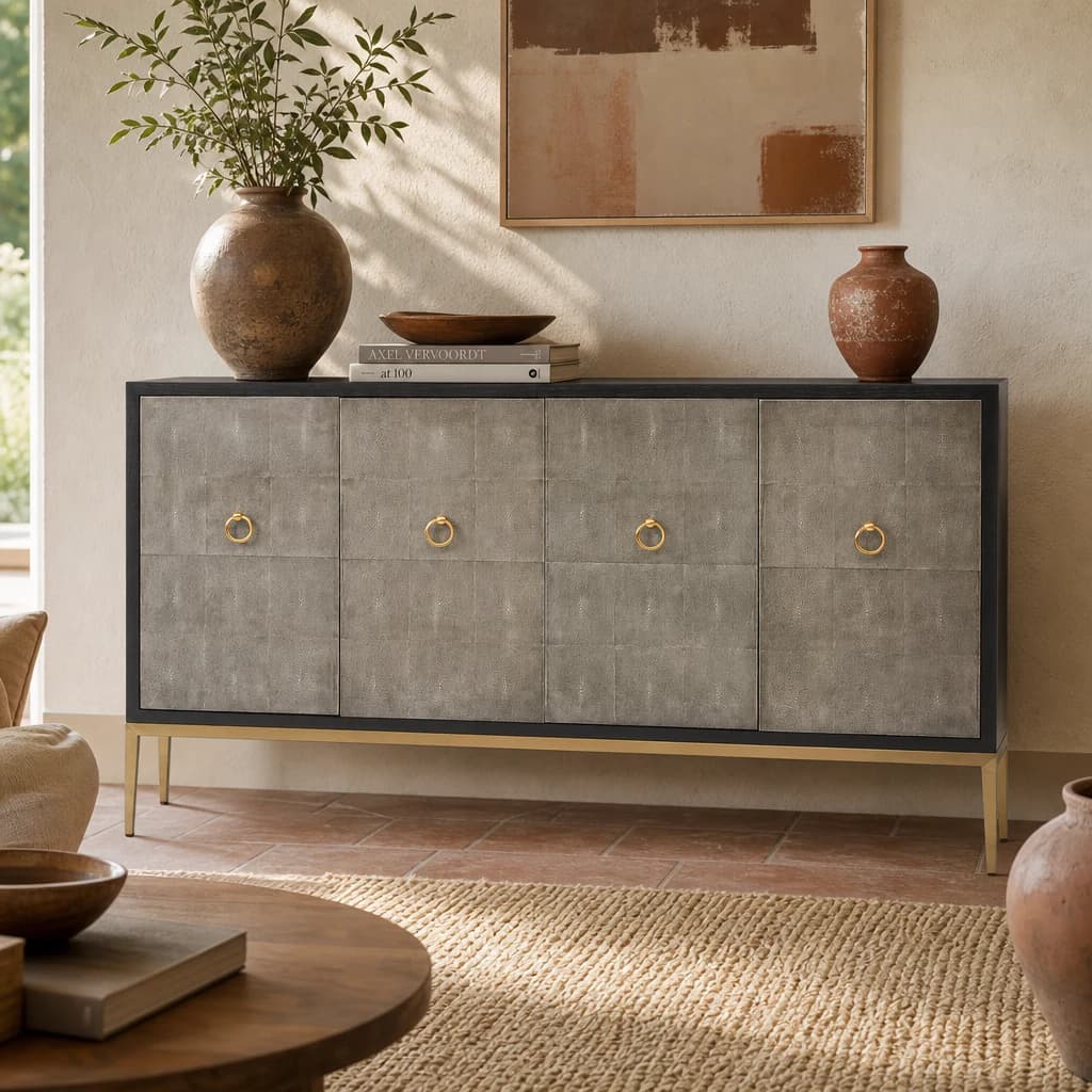 Deruta Grey Shagreen Effect 4 Door Sideboard - Bookcases & shelving, photo 1 of 8