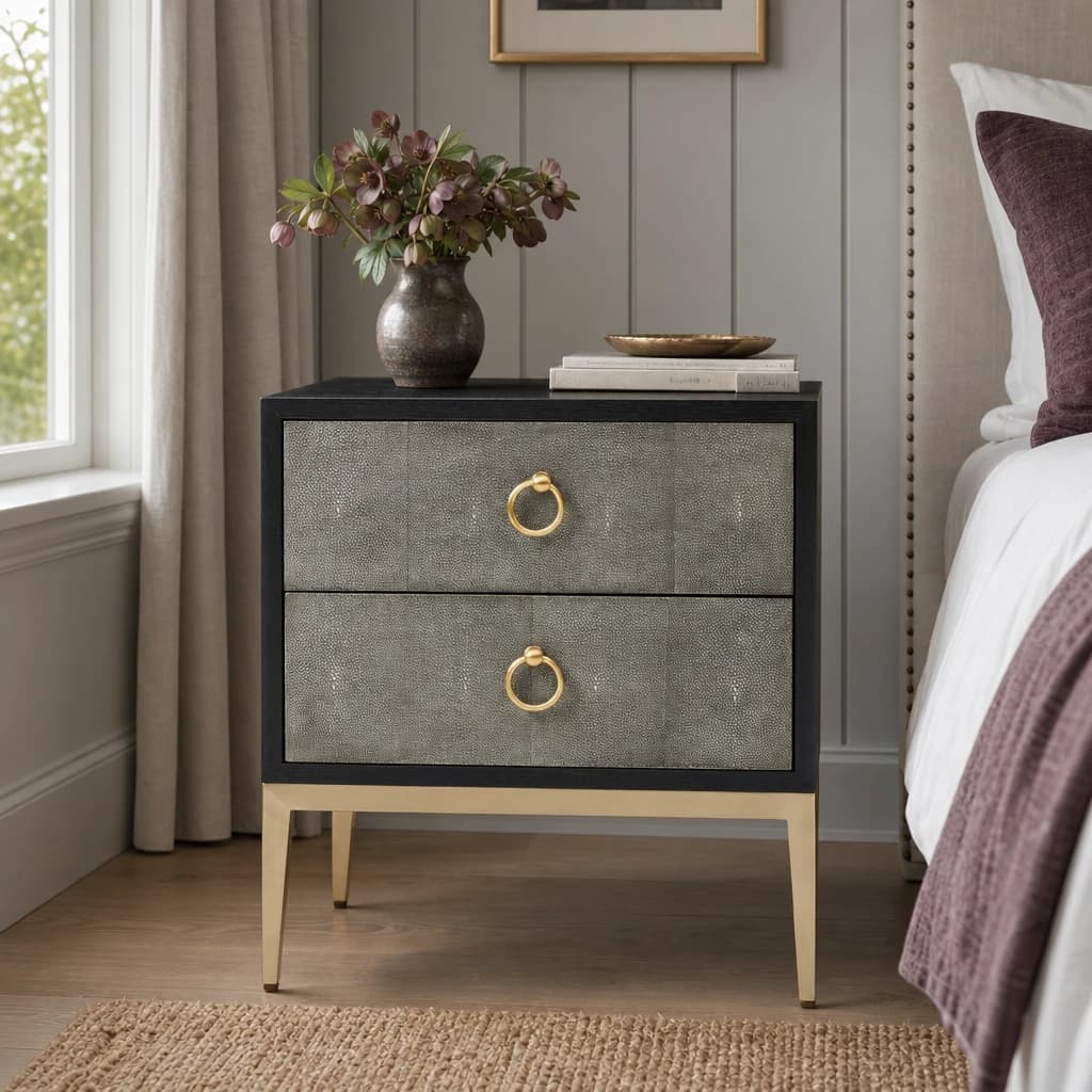 Deruta Grey Shagreen Effect Two Drawer Side Table - Tables, photo 1 of 8