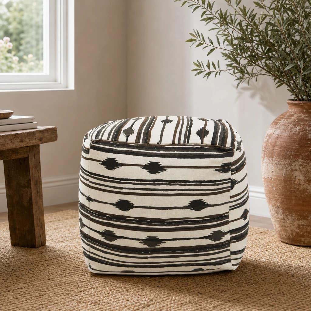 Cefena Black and White Ikat Square Pouffe - Decorative, photo 1 of 8
