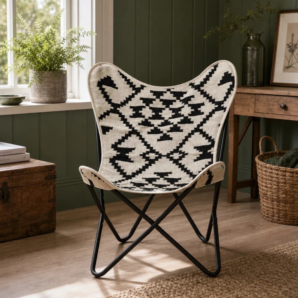 Cefena Black and White Kilim Pattern Butterfly Chair - Seating, photo 1 of 8